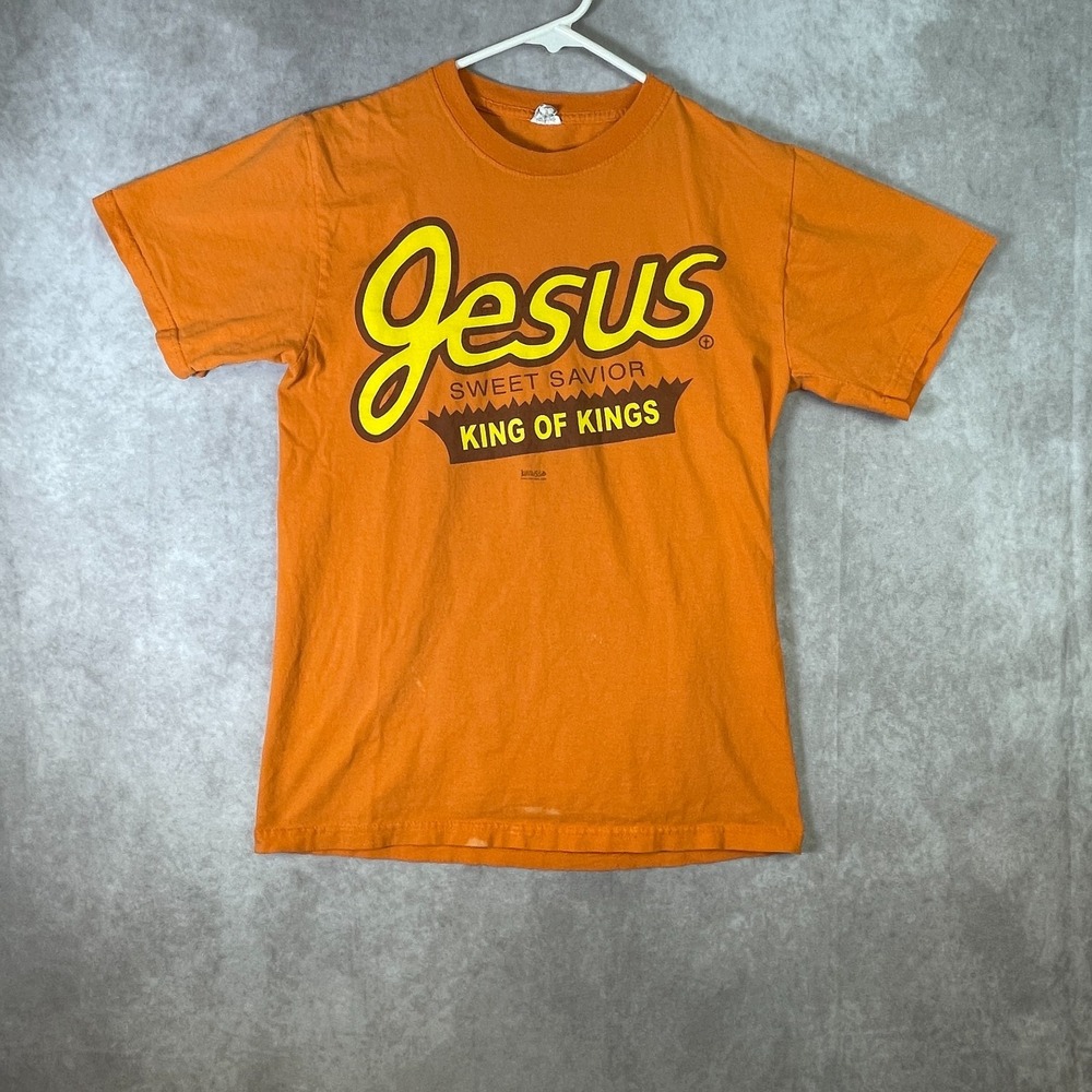 VINTAGE Jesus Shirt Adult Small Orange Reeses Christian Funny Graphic Tee Y2K